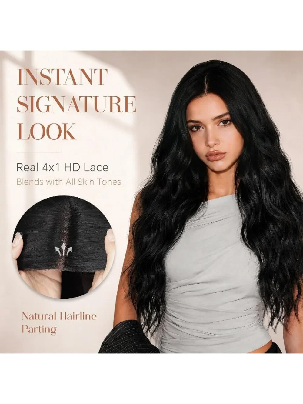 Women's Black 26 Inch Long Synthetic Middle Part Lace Front Wavy Wig